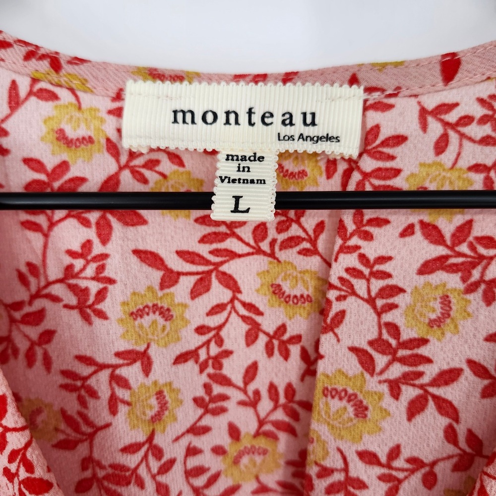 Pink Red Yellow‎ Floral Faux Wrap Top Large Boho Contemporary Colorful Cottage - Picture 5 of 7